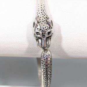 Retro Silver Tone Leopard Cat Hinge Bracelet Classic Statement 6"